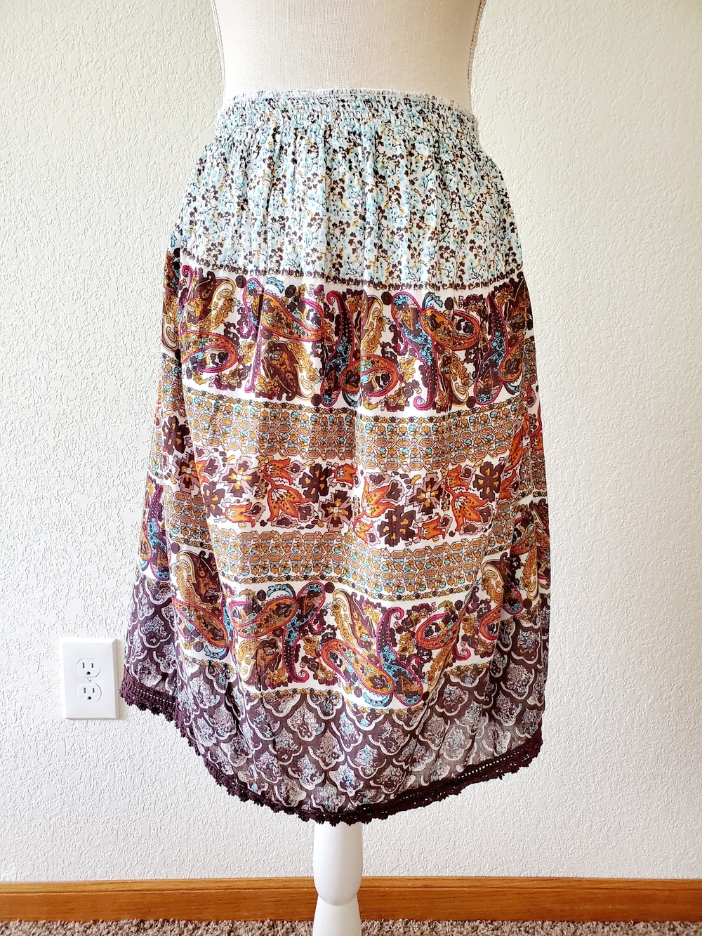 Smocked Waist Paisley Print Midi Skirt - Brown Multi